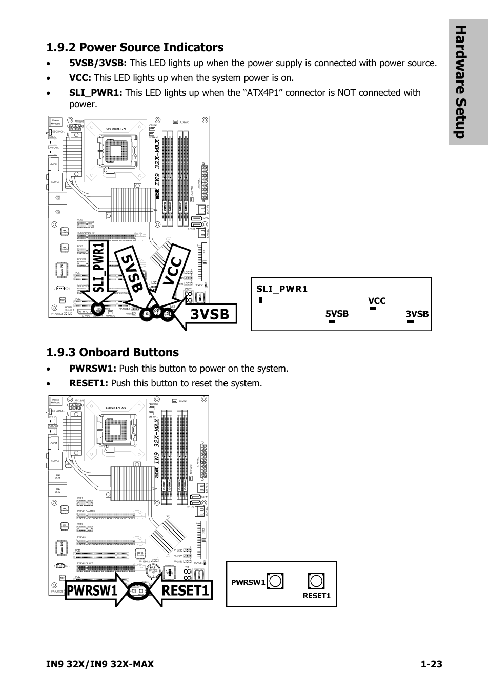 2 power source indicators, 3 onboard buttons, 2 power source indicators -23 | 3 onboard buttons -23, Hardware setup | Nvidia IN9 32X User Manual | Page 29 / 96