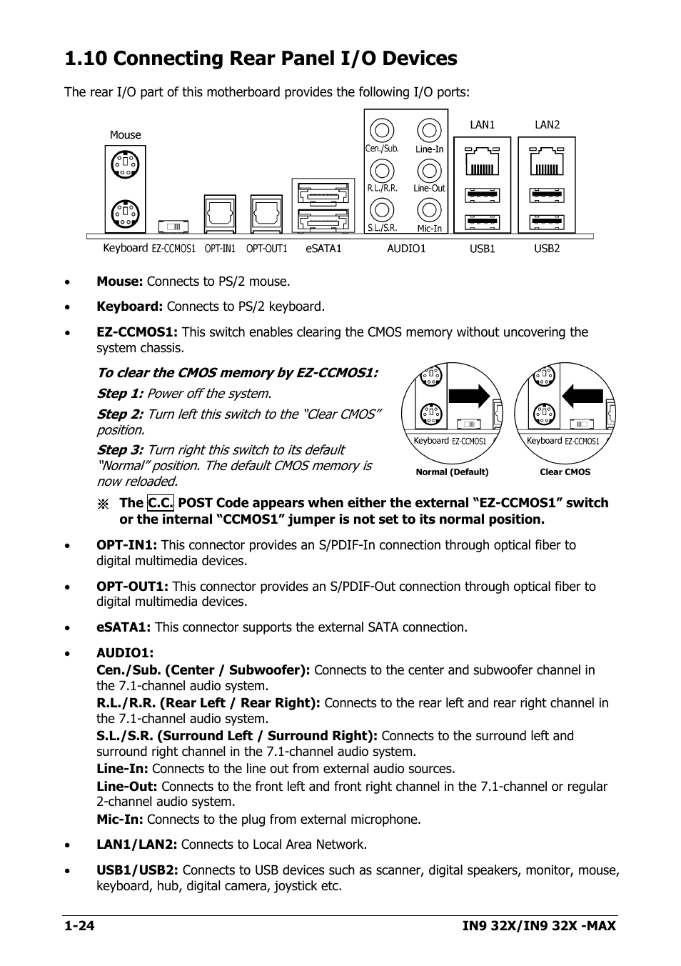 10 connecting rear panel i/o devices, 10 connecting rear panel i/o devices -24 | Nvidia IN9 32X User Manual | Page 30 / 96