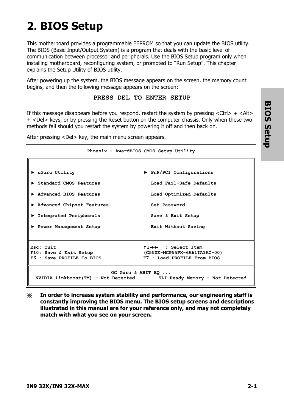Bios setup, Bios setup -1, Press del to enter setup | Nvidia IN9 32X User Manual | Page 31 / 96