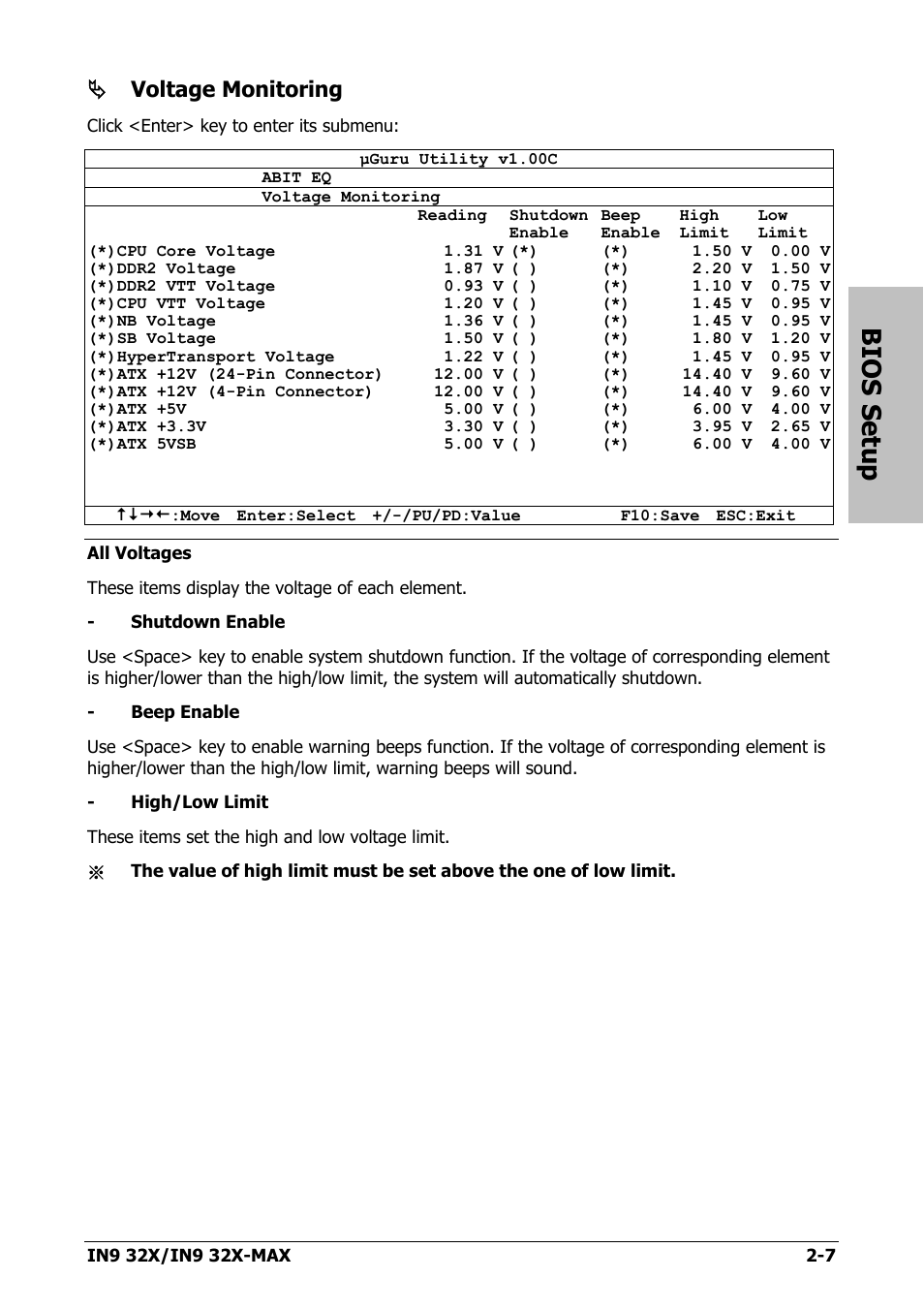 Bios setup, Voltage monitoring | Nvidia IN9 32X User Manual | Page 37 / 96