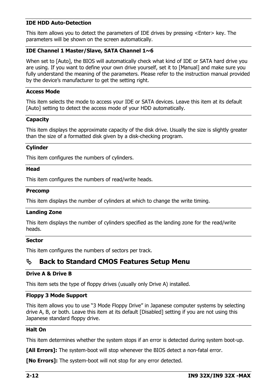 Back to standard cmos features setup menu | Nvidia IN9 32X User Manual | Page 42 / 96