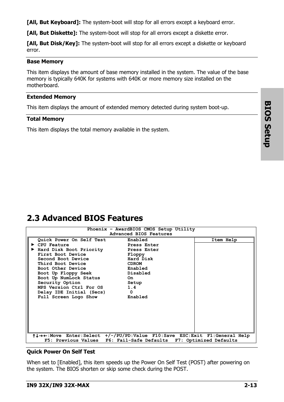 3 advanced bios features, 3 advanced bios features -13, Bios setup | Nvidia IN9 32X User Manual | Page 43 / 96