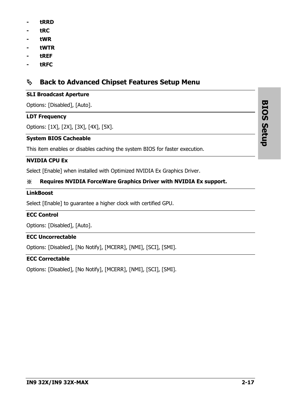 Bios setup, Back to advanced chipset features setup menu | Nvidia IN9 32X User Manual | Page 47 / 96