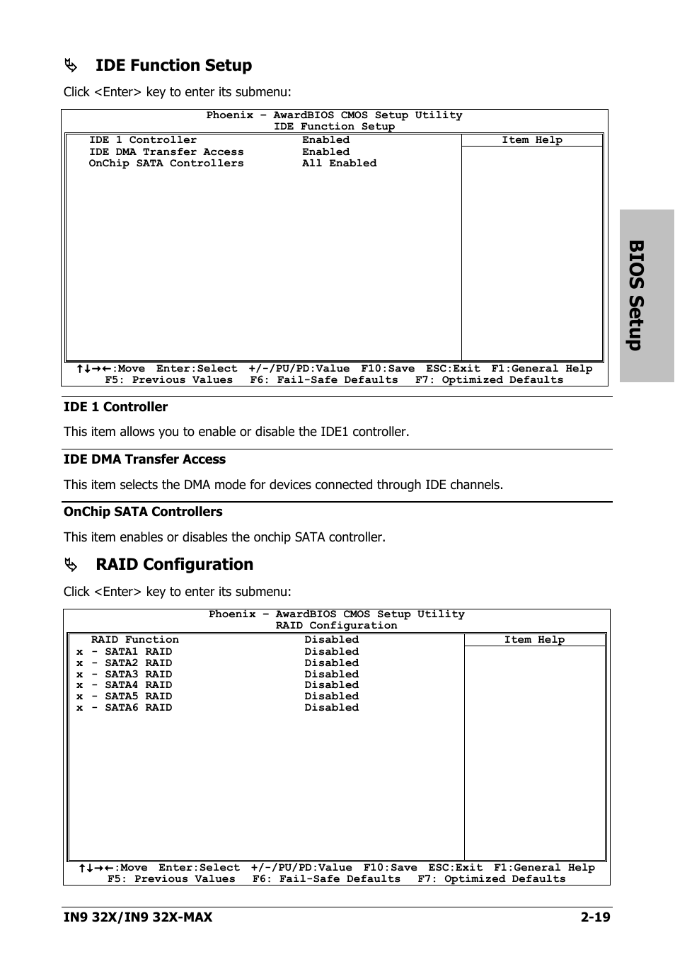 Bios setup, Ide function setup, Raid configuration | Nvidia IN9 32X User Manual | Page 49 / 96