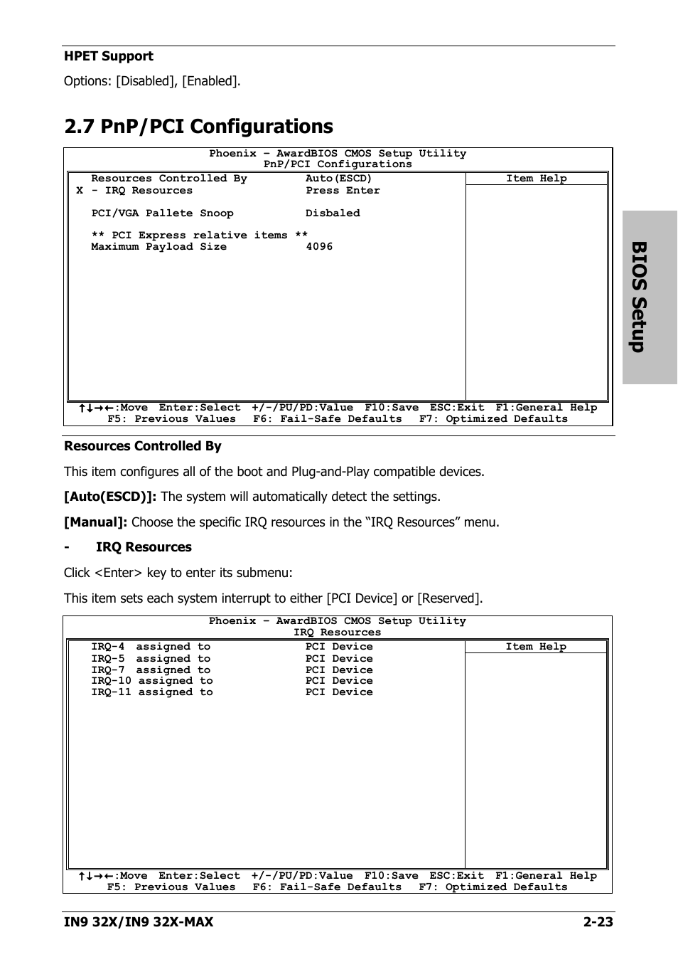 7 pnp/pci configurations, 7 pnp/pci configurations -23, Bios setup | Nvidia IN9 32X User Manual | Page 53 / 96