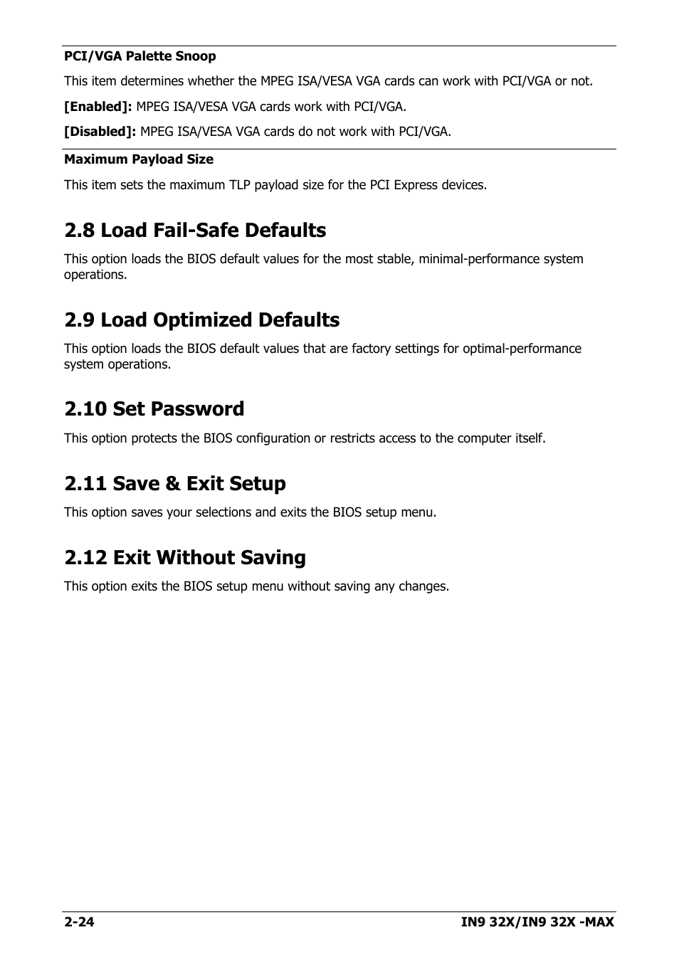 8 load fail-safe defaults, 9 load optimized defaults, 10 set password | 11 save & exit setup, 12 exit without saving, 8 load fail-safe defaults -24, 9 load optimized defaults -24, 10 set password -24, 11 save & exit setup -24, 12 exit without saving -24 | Nvidia IN9 32X User Manual | Page 54 / 96