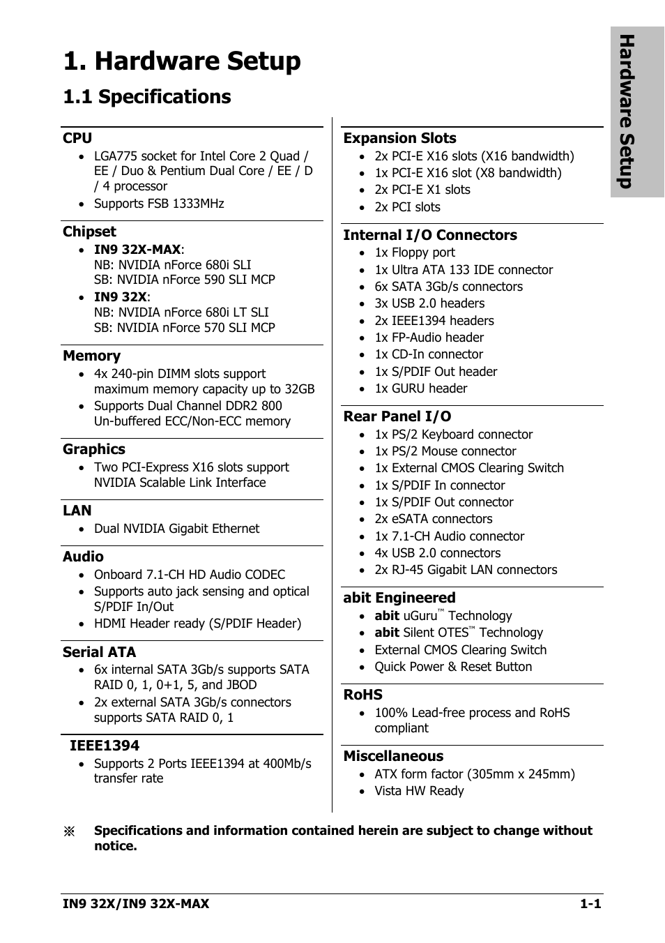 Hardware setup, 1 specifications, Hardware setup -1 | 1 specifications -1 | Nvidia IN9 32X User Manual | Page 7 / 96