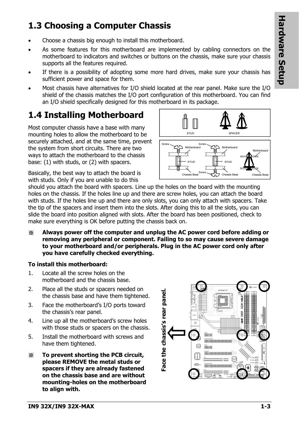 3 choosing a computer chassis, 4 installing motherboard, 3 choosing a computer chassis -3 | 4 installing motherboard -3, Hardware setup | Nvidia IN9 32X User Manual | Page 9 / 96