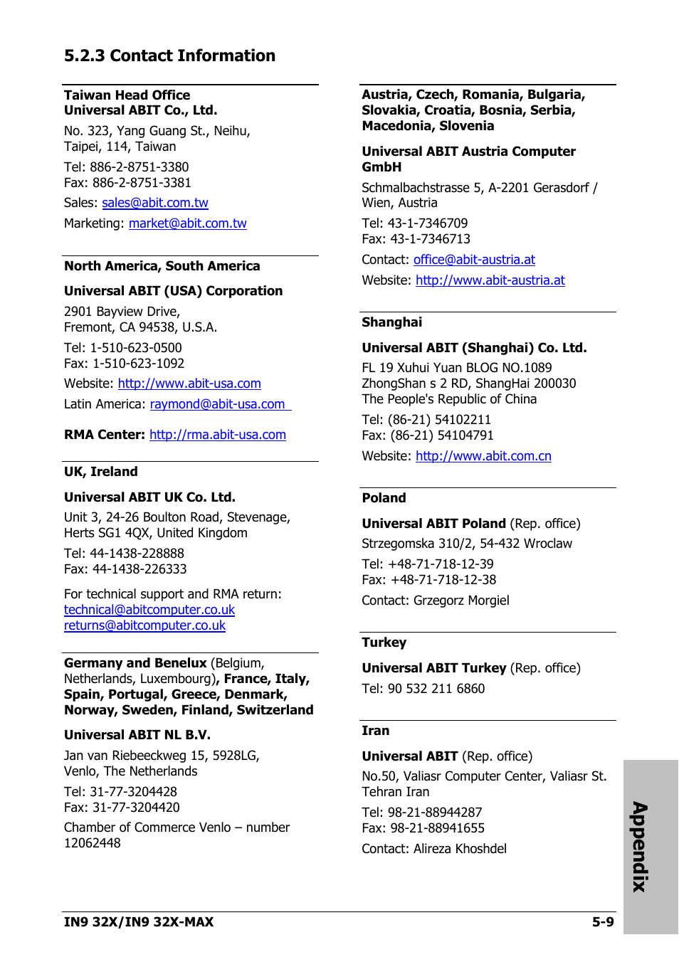3 contact information, 3 contact information -9, Appendix | Nvidia IN9 32X User Manual | Page 95 / 96