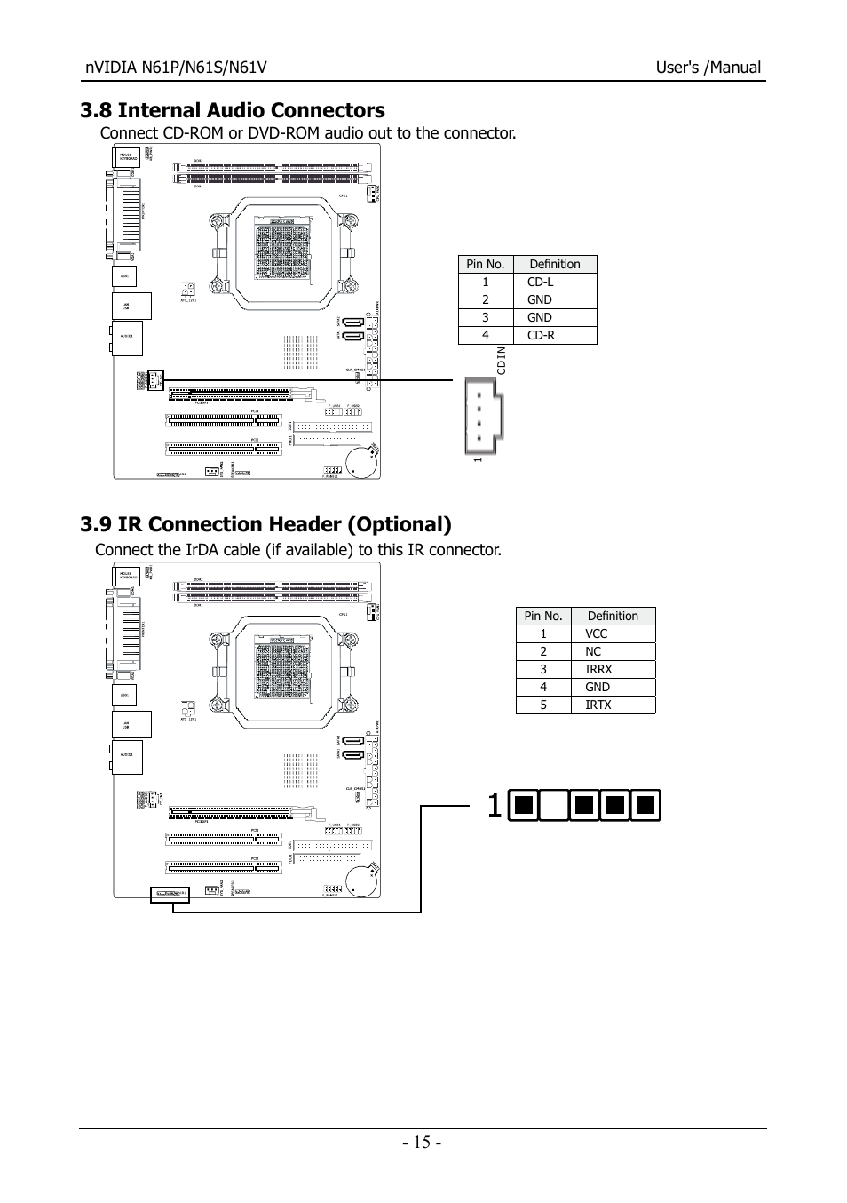 8 internal audio connectors, 9 ir connection header (optional) | Nvidia N61S User Manual | Page 16 / 37