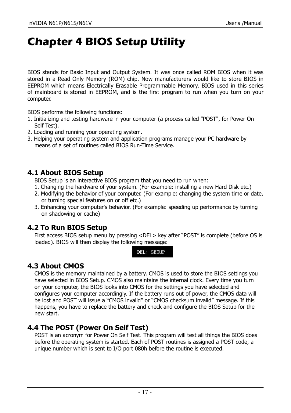 Chapter 4 bios setup utility | Nvidia N61S User Manual | Page 18 / 37