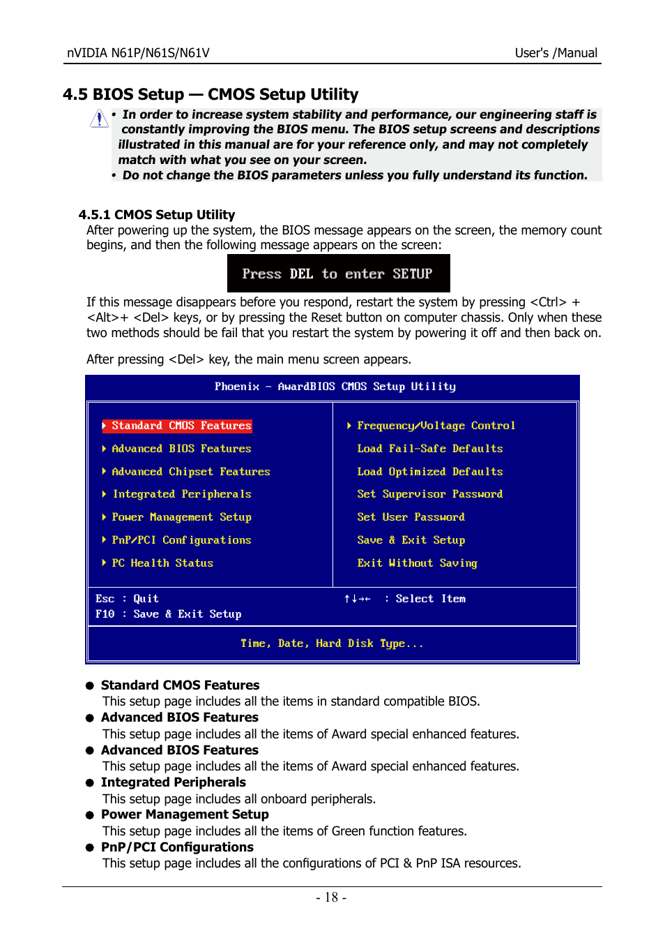 5 bios setup — cmos setup utility, Press del to enter setup | Nvidia N61S User Manual | Page 19 / 37