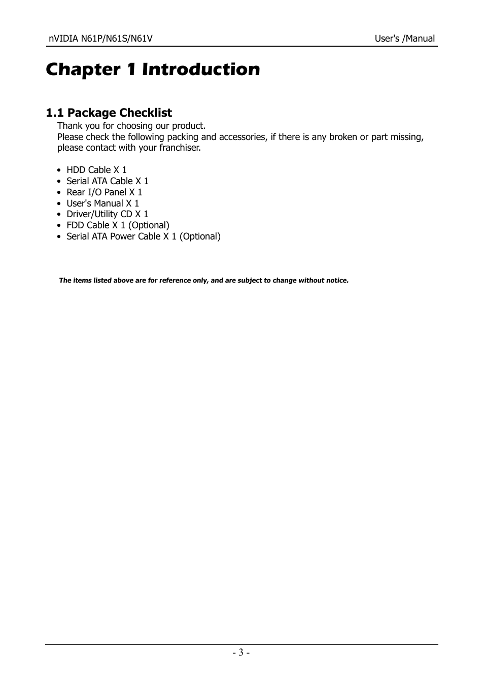 Chapter 1 introduction, 1 package checklist | Nvidia N61S User Manual | Page 4 / 37
