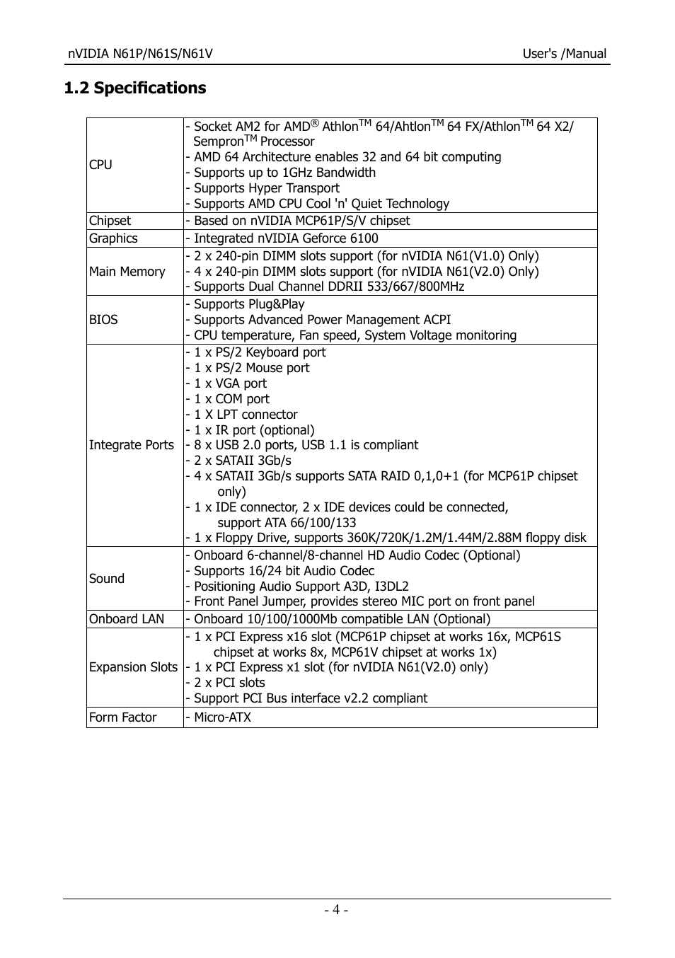 2 specifications | Nvidia N61S User Manual | Page 5 / 37
