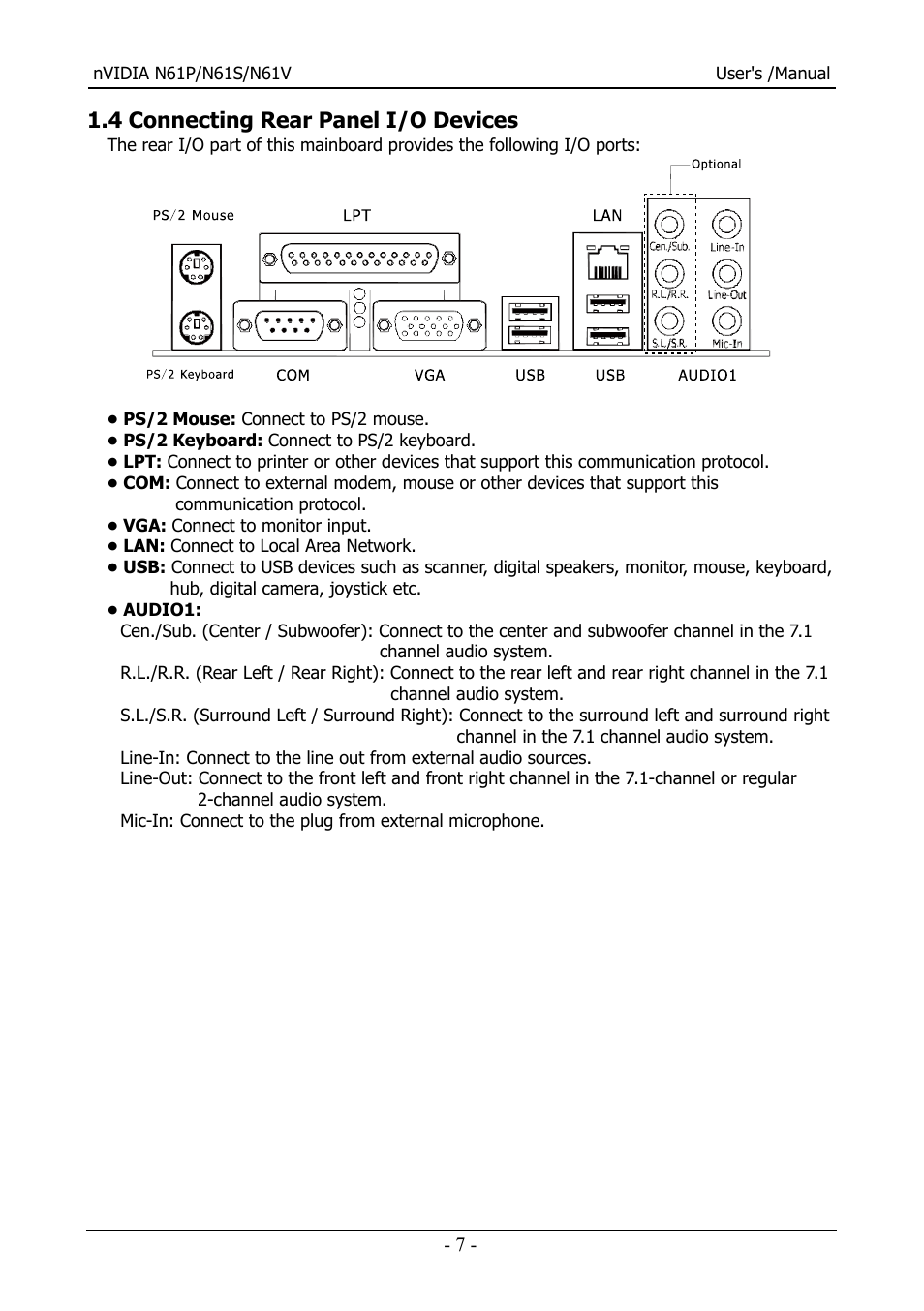 4 connecting rear panel i/o devices | Nvidia N61S User Manual | Page 8 / 37