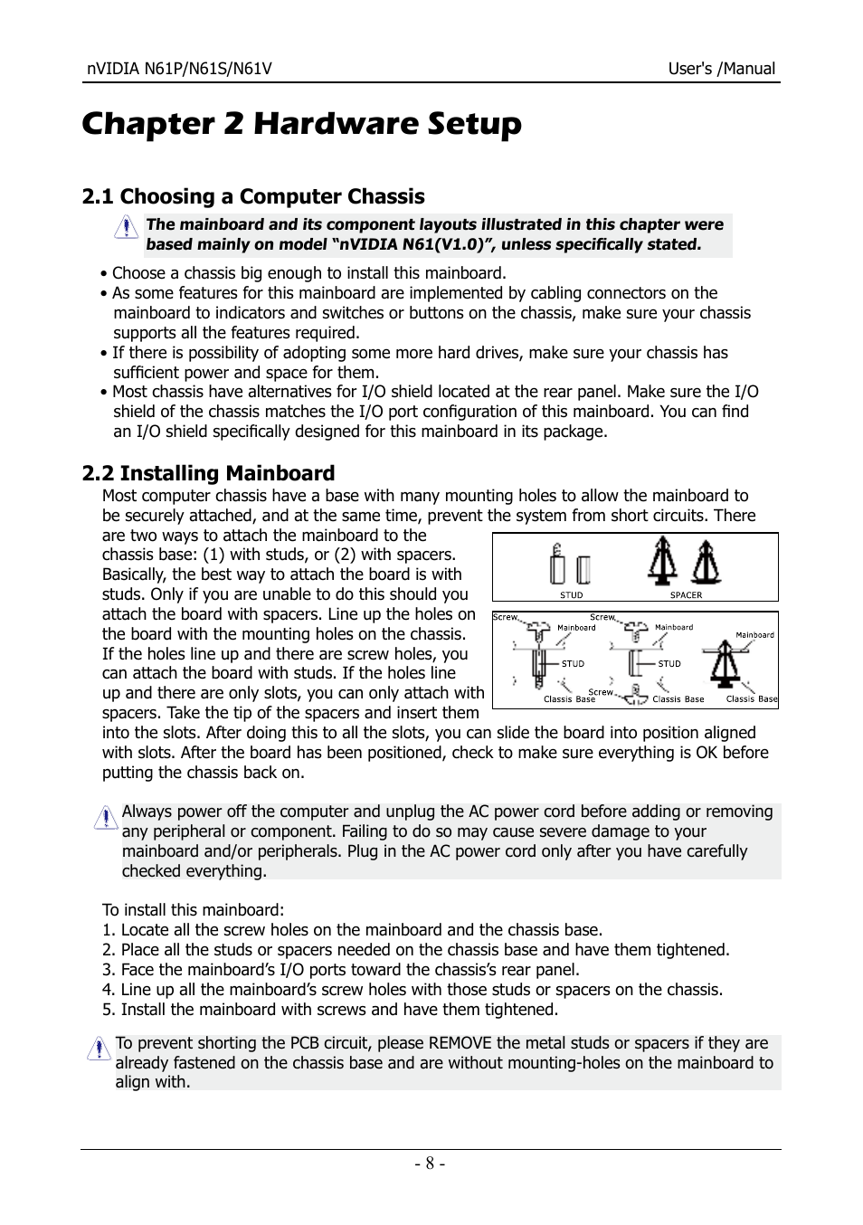 Chapter 2 hardware setup, 1 choosing a computer chassis, 2 installing mainboard | Nvidia N61S User Manual | Page 9 / 37