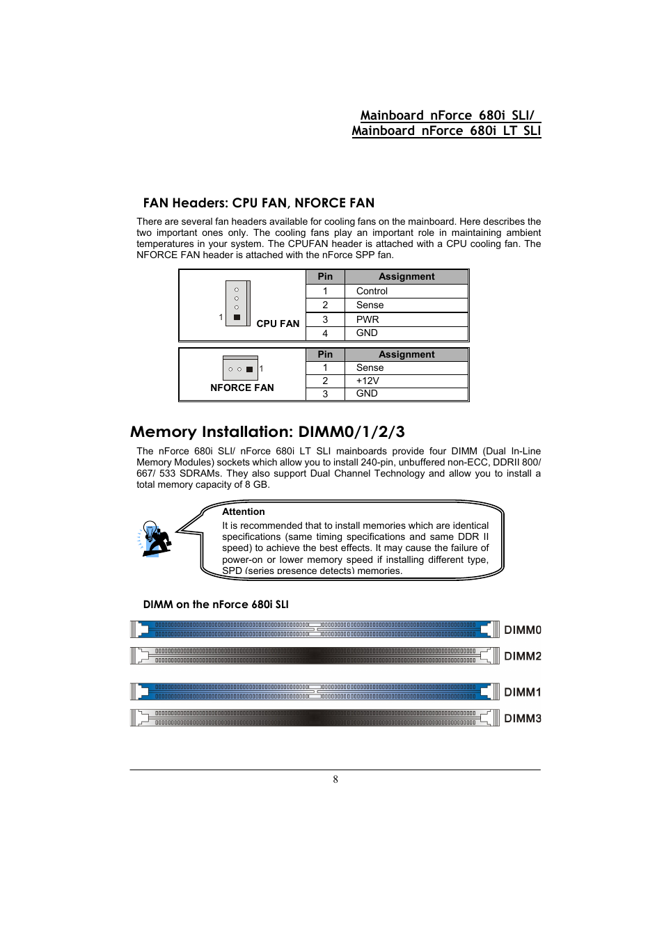 Fan headers: cpu fan, nforce fan | Nvidia 680I LT SLI User Manual | Page 12 / 80