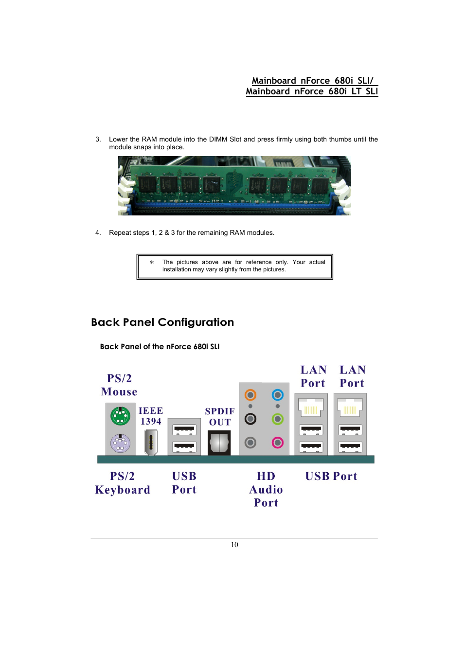 Back panel configuration, Back panel of the nforce 680i sli | Nvidia 680I LT SLI User Manual | Page 14 / 80