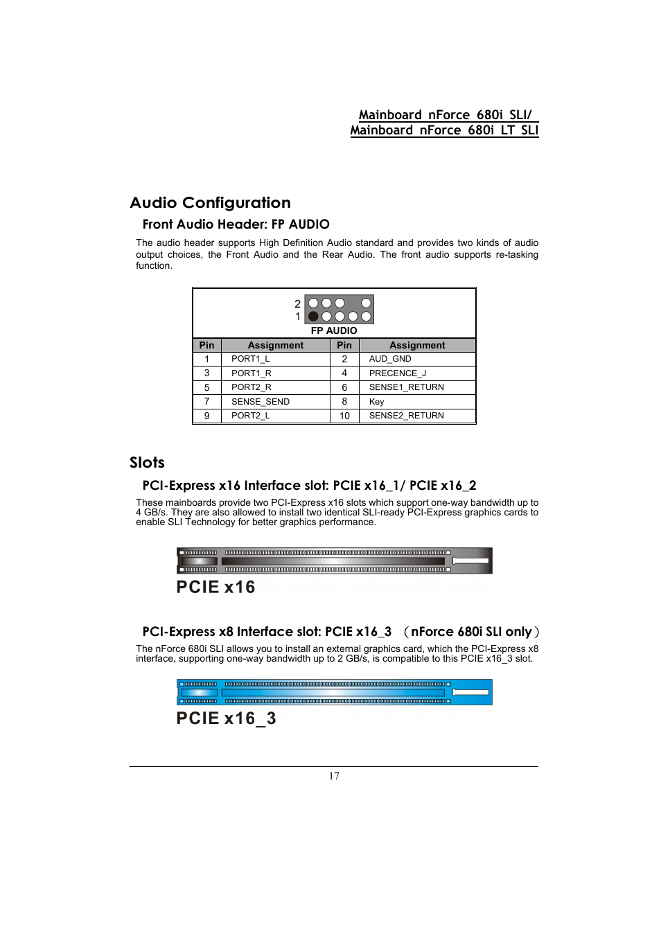 Audio configuration, Slots, Front audio header: fp audio | Nvidia 680I LT SLI User Manual | Page 21 / 80