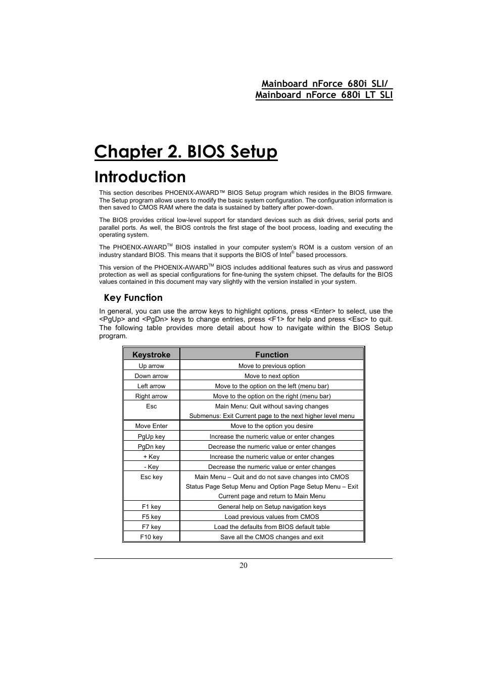 Chapter 2. bios setup, Introduction, Key function | Nvidia 680I LT SLI User Manual | Page 24 / 80