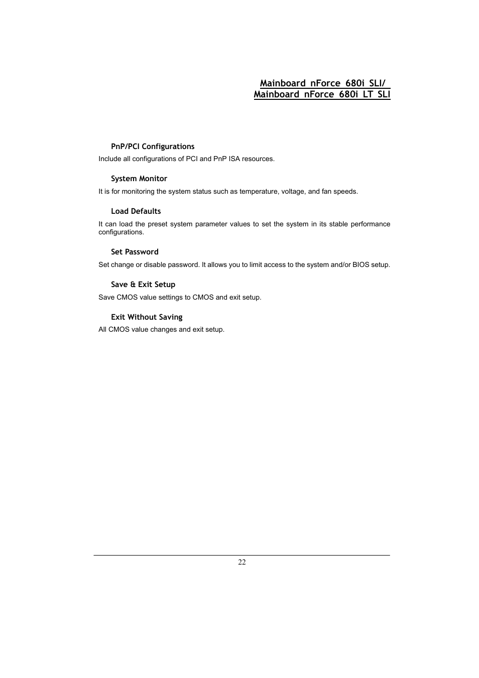 22 pnp/pci configurations, System monitor, Load defaults | Set password, Save & exit setup, Exit without saving | Nvidia 680I LT SLI User Manual | Page 26 / 80