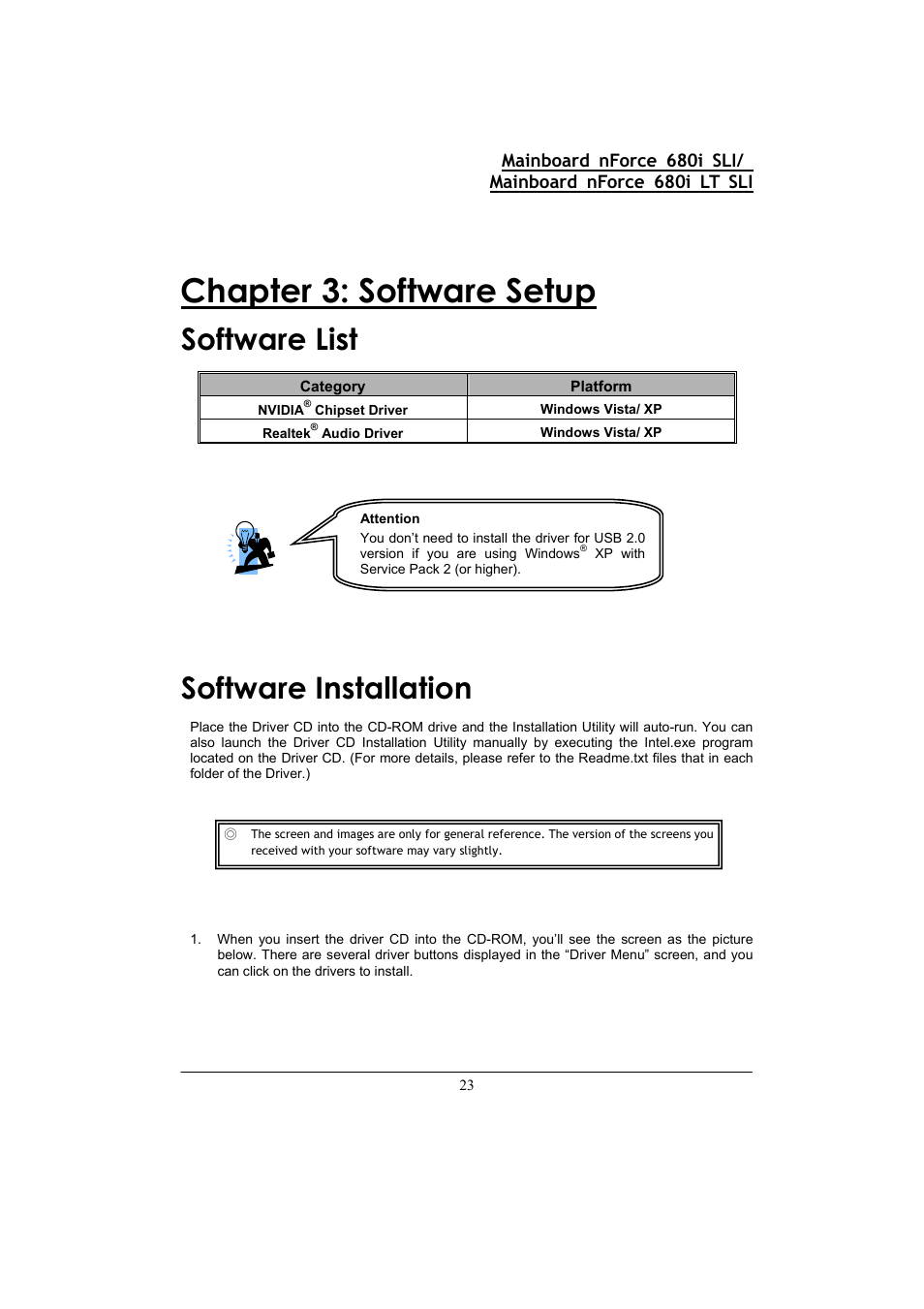 Chapter 3: software setup, Software list, Software installation | Nvidia 680I LT SLI User Manual | Page 27 / 80