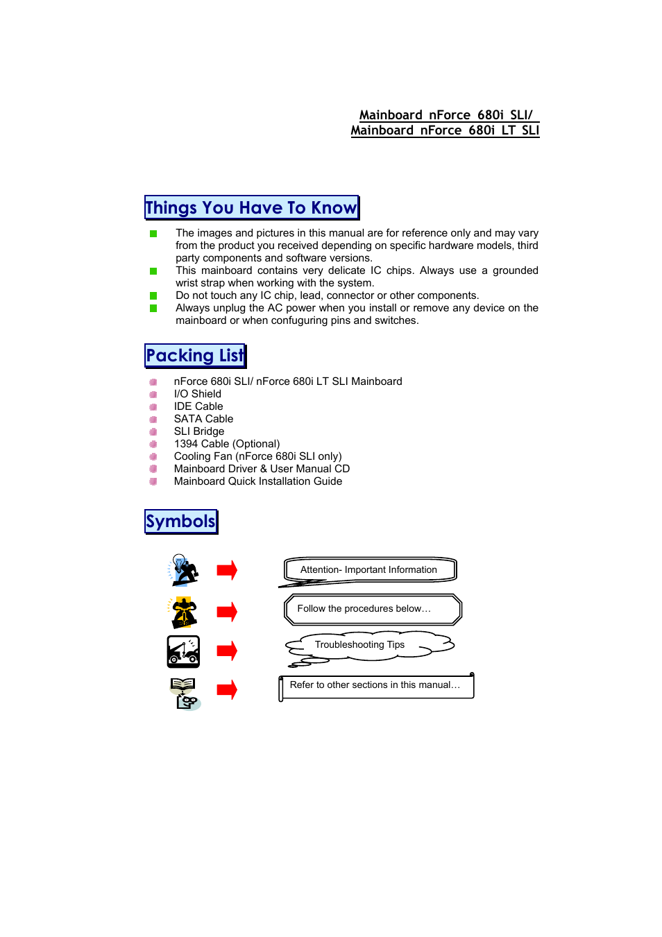 Things you have to know, Packing list, Symbols | Nvidia 680I LT SLI User Manual | Page 3 / 80