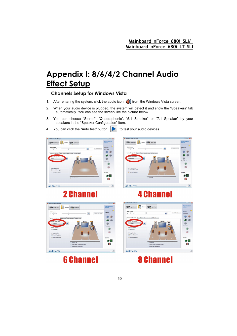 Appendix i: 8/6/4/2 channel audio effect setup, Channels setup for windows vista | Nvidia 680I LT SLI User Manual | Page 34 / 80