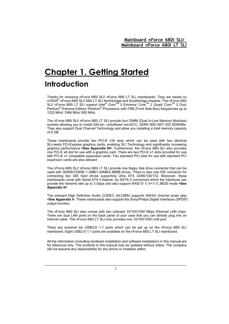 Chapter 1. getting started, Introduction | Nvidia 680I LT SLI User Manual | Page 5 / 80