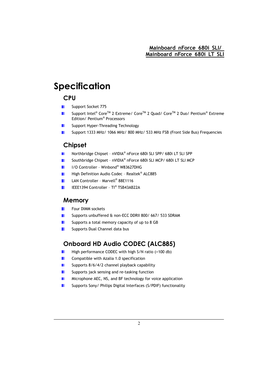 Specification, Chipset, Onboard hd audio codec (alc885) | Nvidia 680I LT SLI User Manual | Page 6 / 80