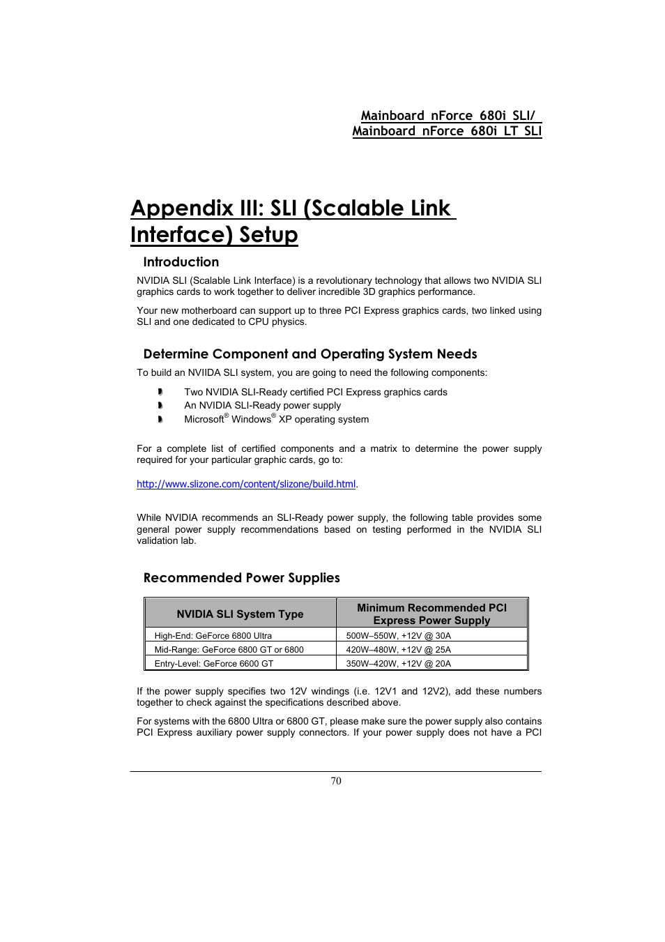 Appendix iii: sli (scalable link interface) setup, Introduction, Determine component and operating system needs | Recommended power supplies | Nvidia 680I LT SLI User Manual | Page 74 / 80