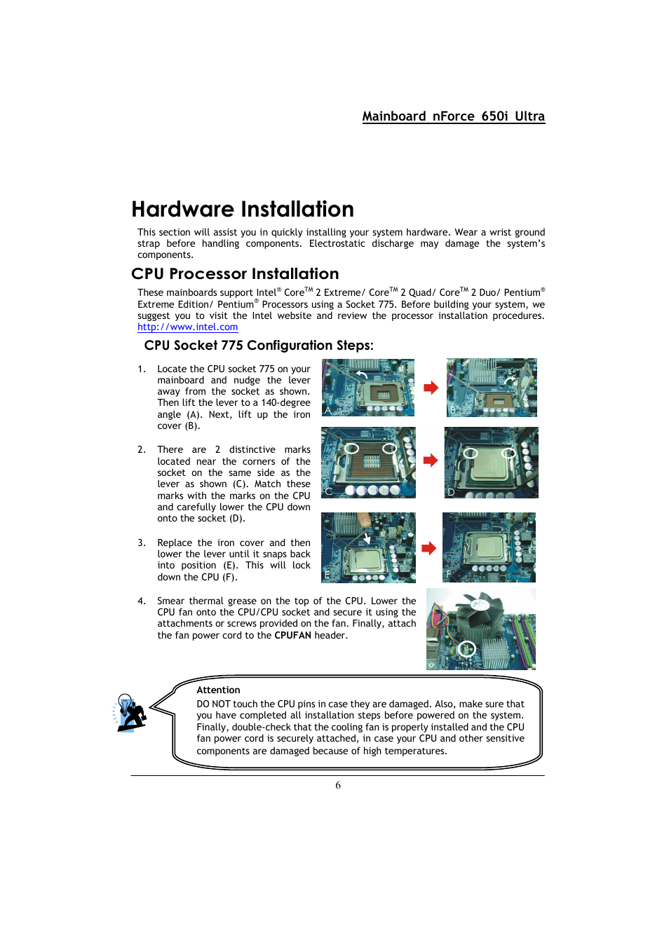 Hardware installation, Cpu processor installation, Mainboard nforce 650i ultra | Cpu socket 775 configuration steps | Nvidia NFORCE 650I User Manual | Page 10 / 70