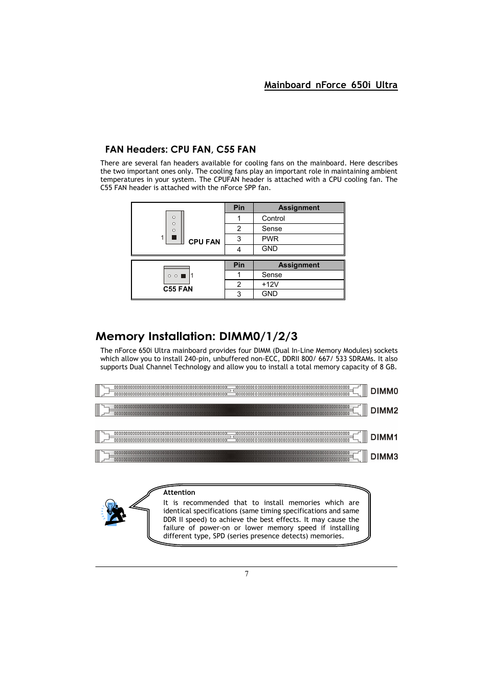 Mainboard nforce 650i ultra, Fan headers: cpu fan, c55 fan | Nvidia NFORCE 650I User Manual | Page 11 / 70