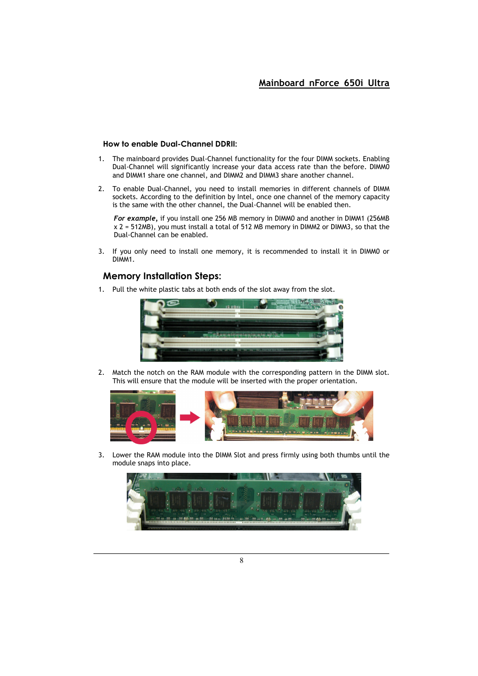 Mainboard nforce 650i ultra, 8 how to enable dual-channel ddrii | Nvidia NFORCE 650I User Manual | Page 12 / 70