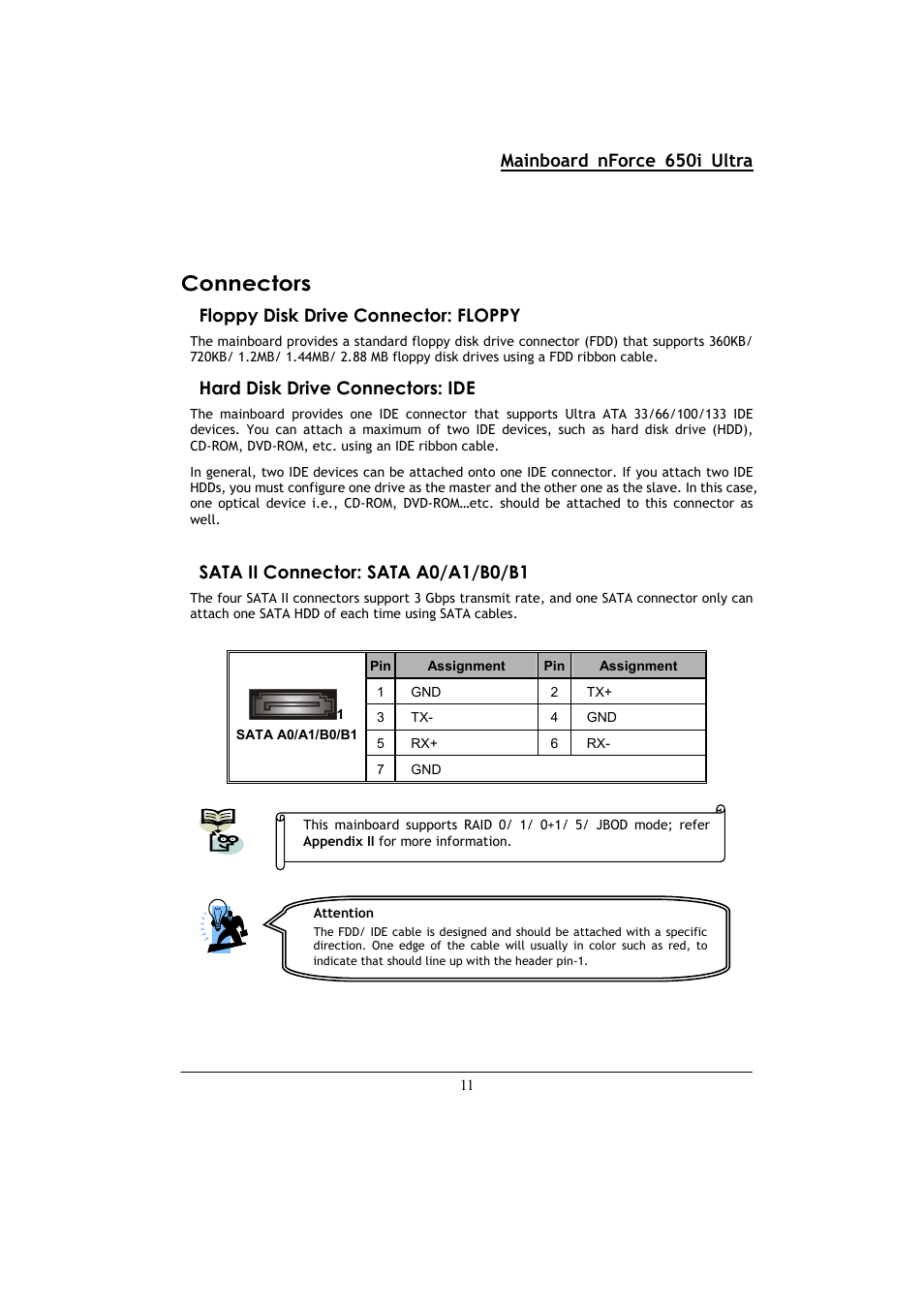 Connectors, Mainboard nforce 650i ultra, Floppy disk drive connector: floppy | Hard disk drive connectors: ide, Sata ii connector: sata a0/a1/b0/b1 | Nvidia NFORCE 650I User Manual | Page 15 / 70