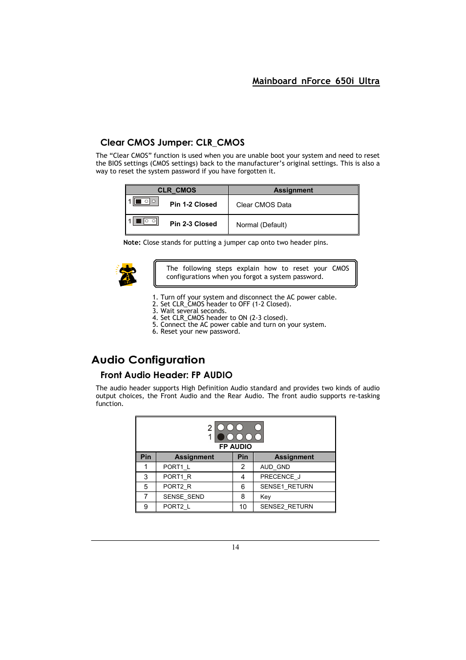 Audio configuration, Mainboard nforce 650i ultra, Clear cmos jumper: clr_cmos | Front audio header: fp audio | Nvidia NFORCE 650I User Manual | Page 18 / 70