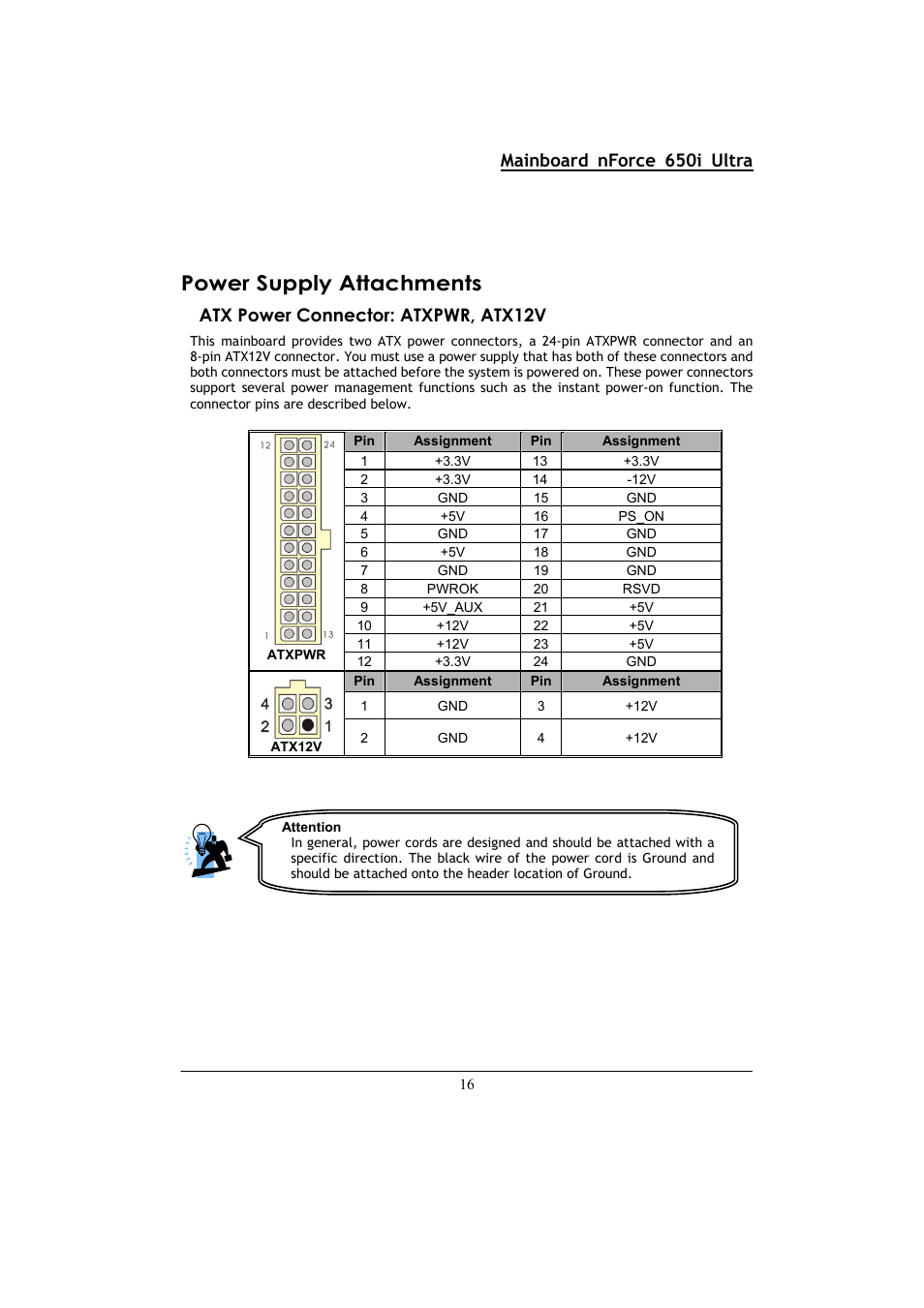 Power supply attachments, Mainboard nforce 650i ultra, Atx power connector: atxpwr, atx12v | Nvidia NFORCE 650I User Manual | Page 20 / 70