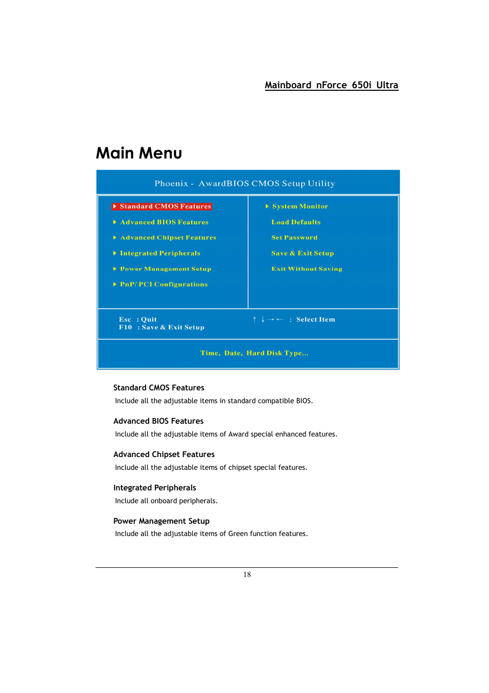 Main menu, Mainboard nforce 650i ultra | Nvidia NFORCE 650I User Manual | Page 22 / 70