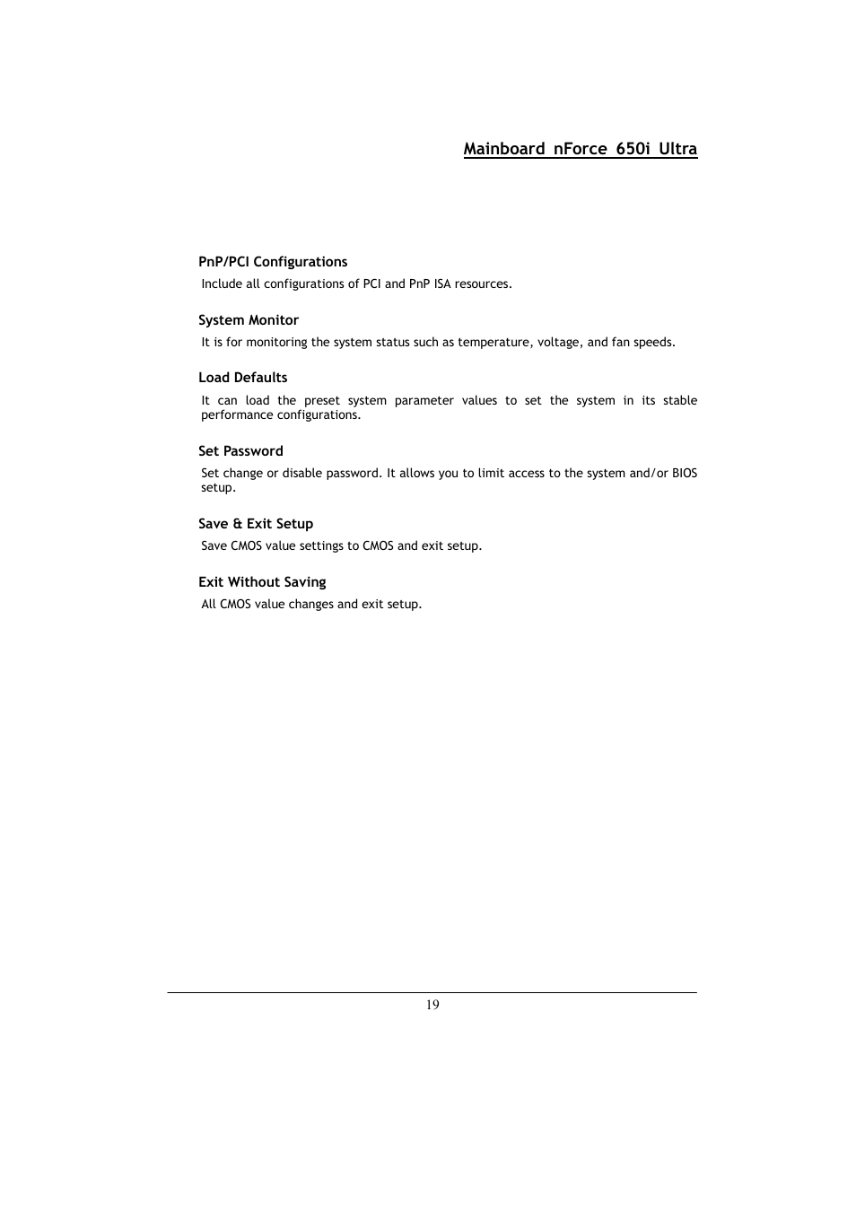 Mainboard nforce 650i ultra, 19 pnp/pci configurations, System monitor | Load defaults, Set password, Save & exit setup, Exit without saving | Nvidia NFORCE 650I User Manual | Page 23 / 70