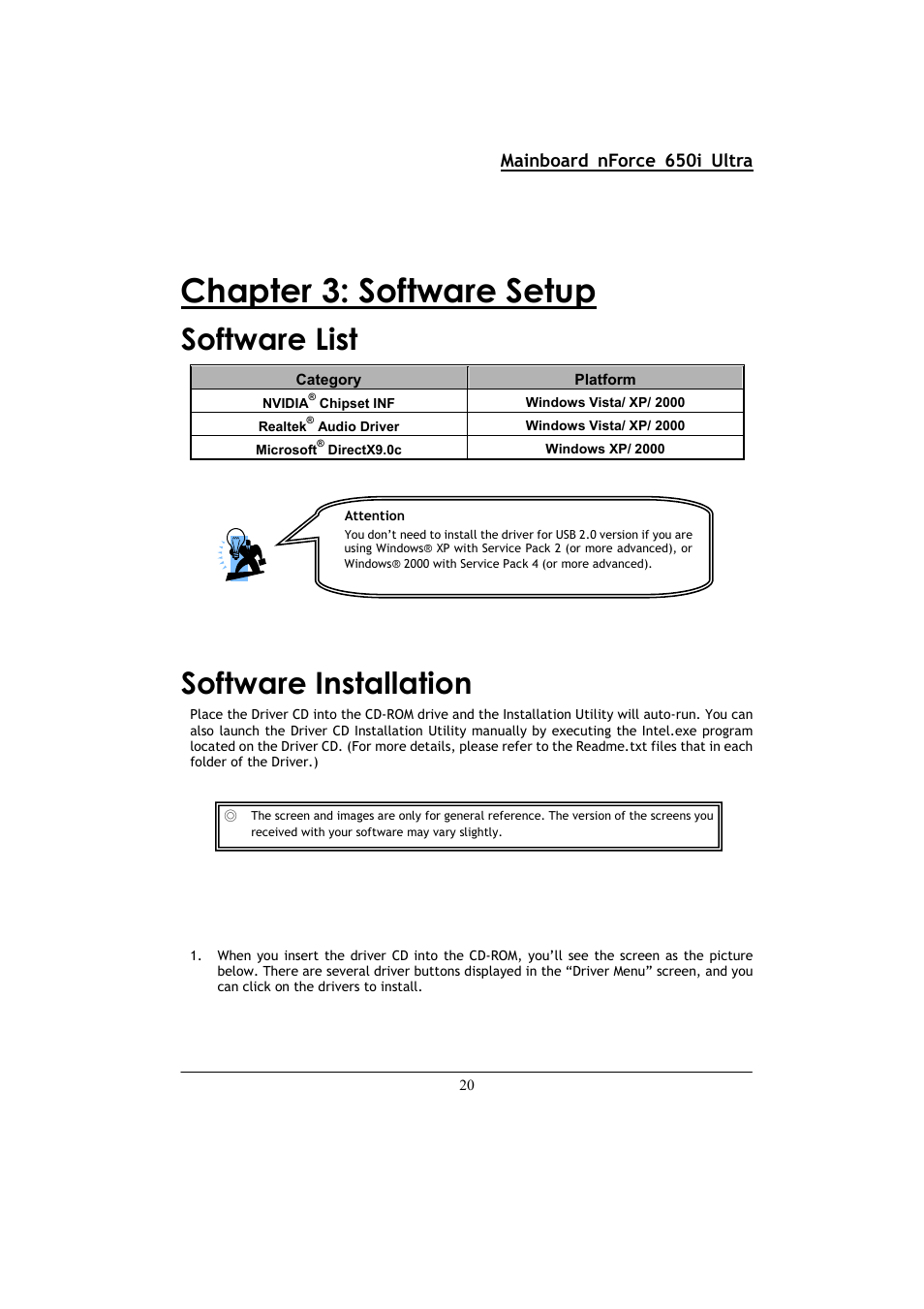 Chapter 3: software setup, Software list, Software installation | Mainboard nforce 650i ultra | Nvidia NFORCE 650I User Manual | Page 24 / 70