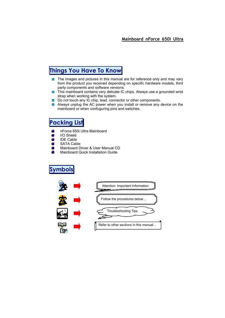 Things you have to know, Packing list, Symbols | Nvidia NFORCE 650I User Manual | Page 3 / 70