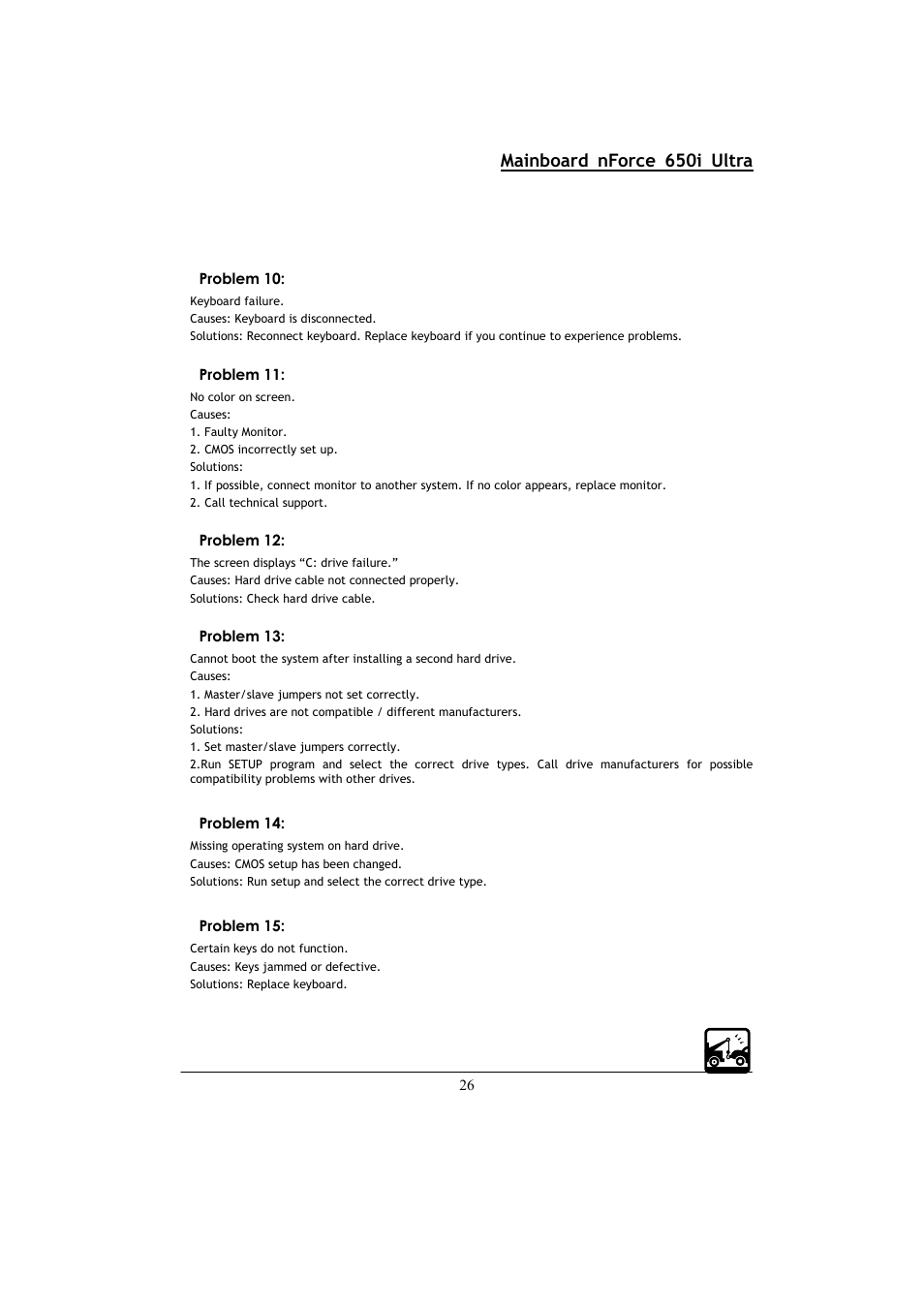 Mainboard nforce 650i ultra, 26 problem 10, Problem 11 | Problem 12, Problem 13, Problem 14, Problem 15 | Nvidia NFORCE 650I User Manual | Page 30 / 70