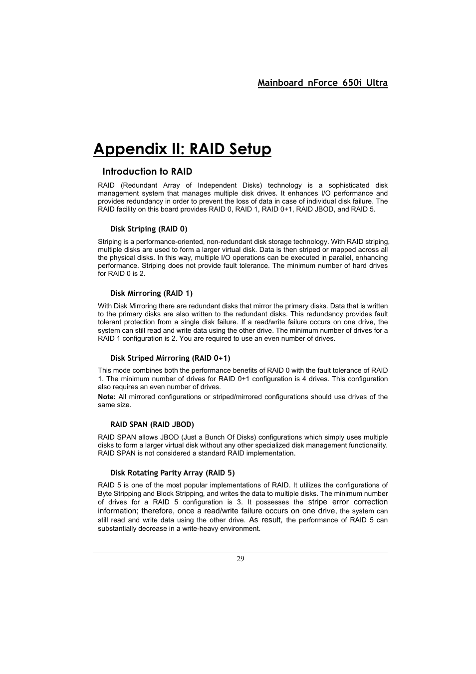 Appendix ii: raid setup, Mainboard nforce 650i ultra, Introduction to raid | Nvidia NFORCE 650I User Manual | Page 33 / 70