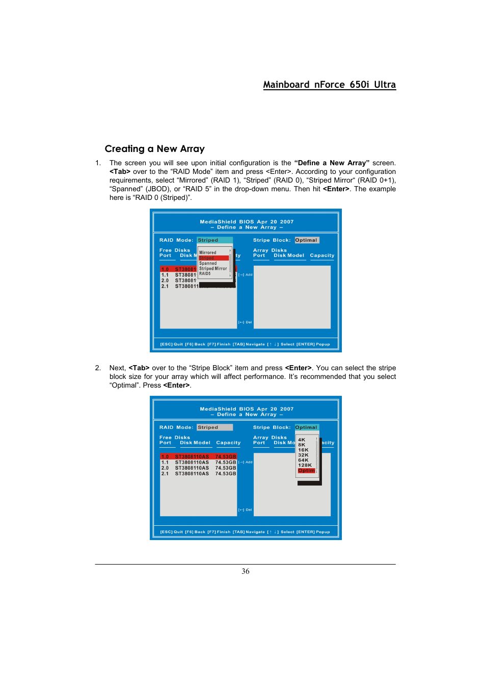 Mainboard nforce 650i ultra, Creating a new array | Nvidia NFORCE 650I User Manual | Page 40 / 70