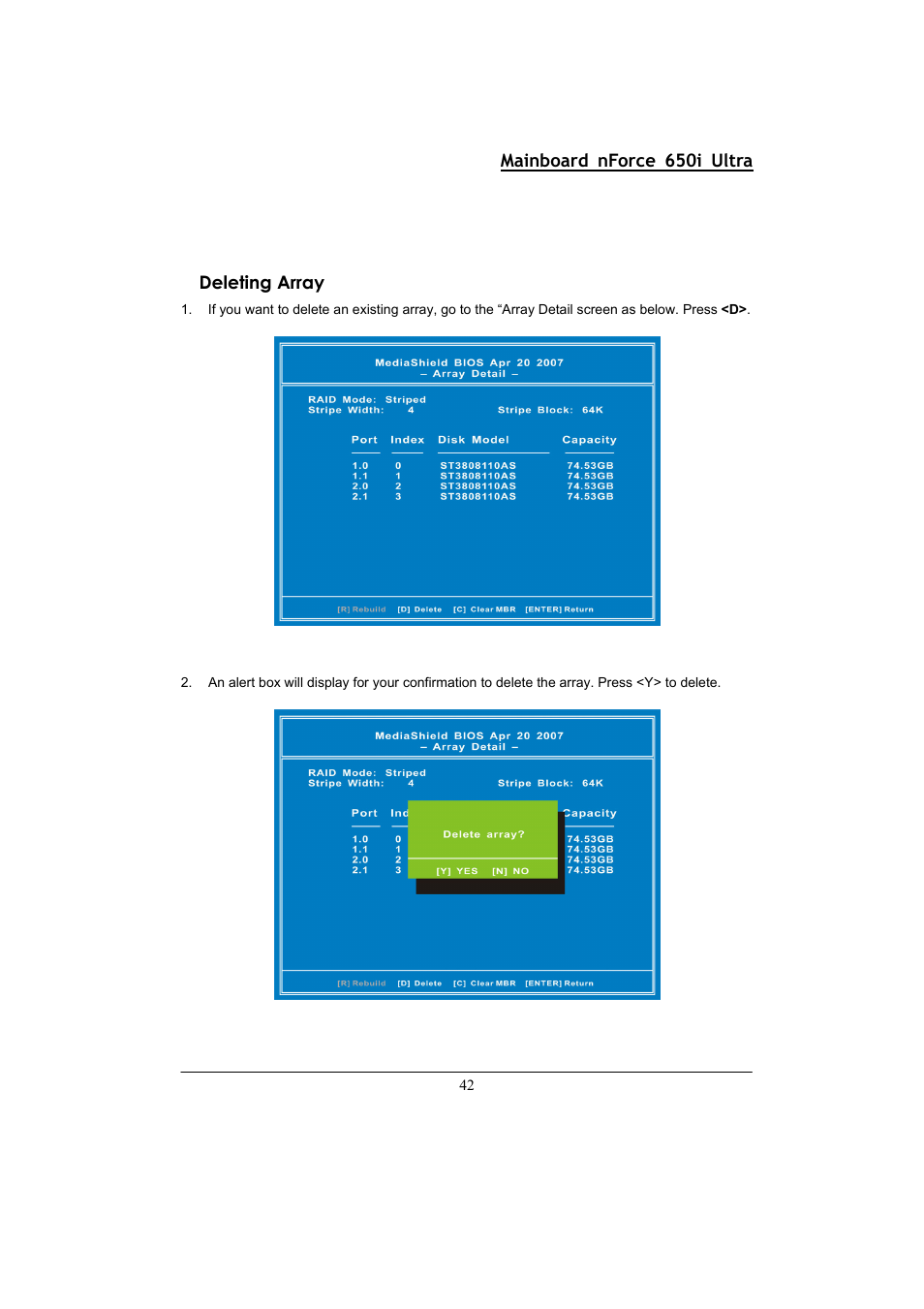 Mainboard nforce 650i ultra, Deleting array | Nvidia NFORCE 650I User Manual | Page 46 / 70