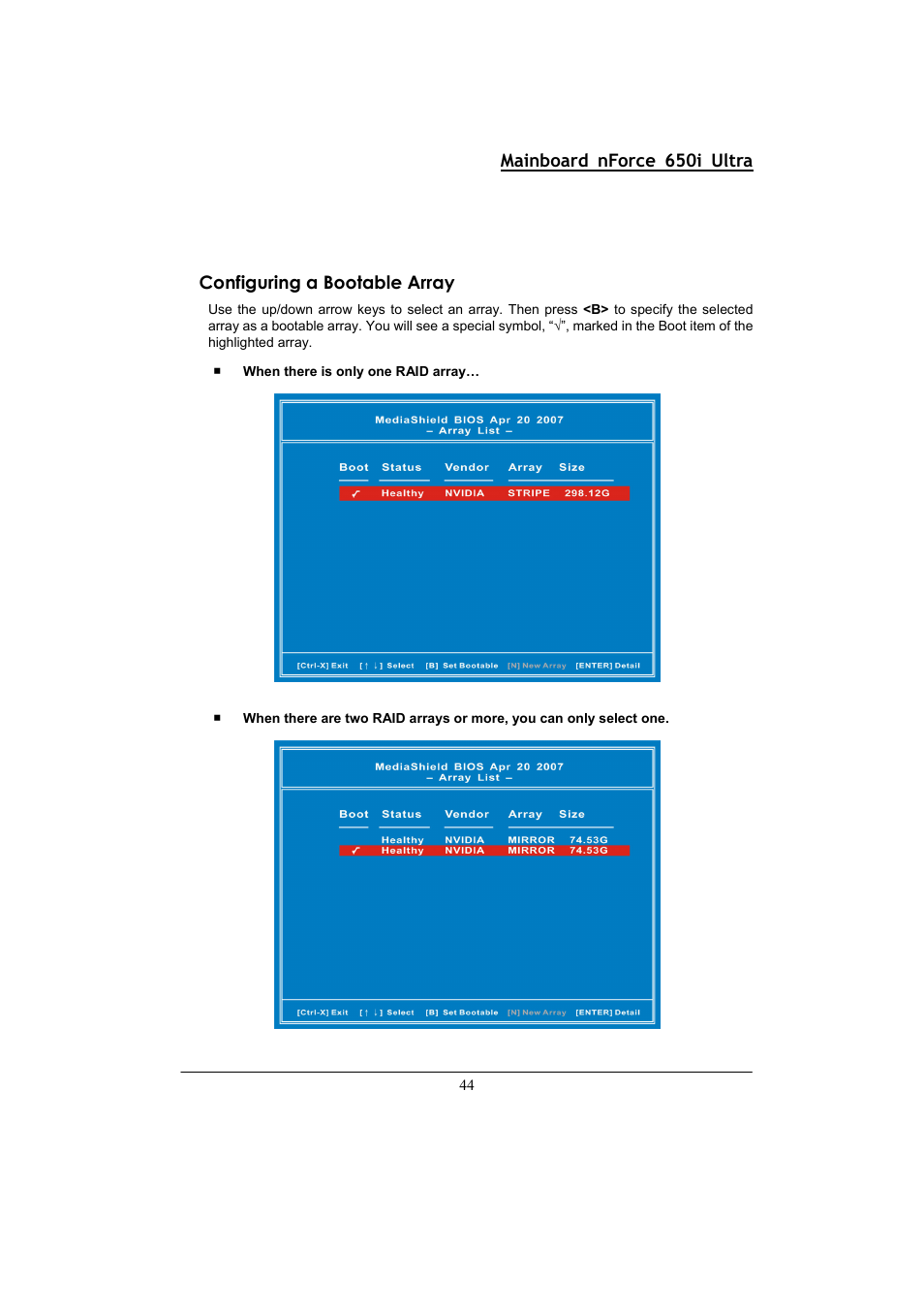 Mainboard nforce 650i ultra, Configuring a bootable array | Nvidia NFORCE 650I User Manual | Page 48 / 70