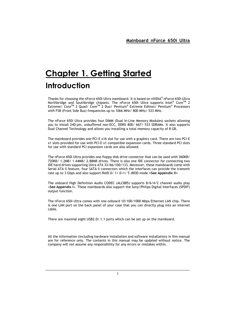 Chapter 1. getting started, Introduction, Mainboard nforce 650i ultra | Nvidia NFORCE 650I User Manual | Page 5 / 70