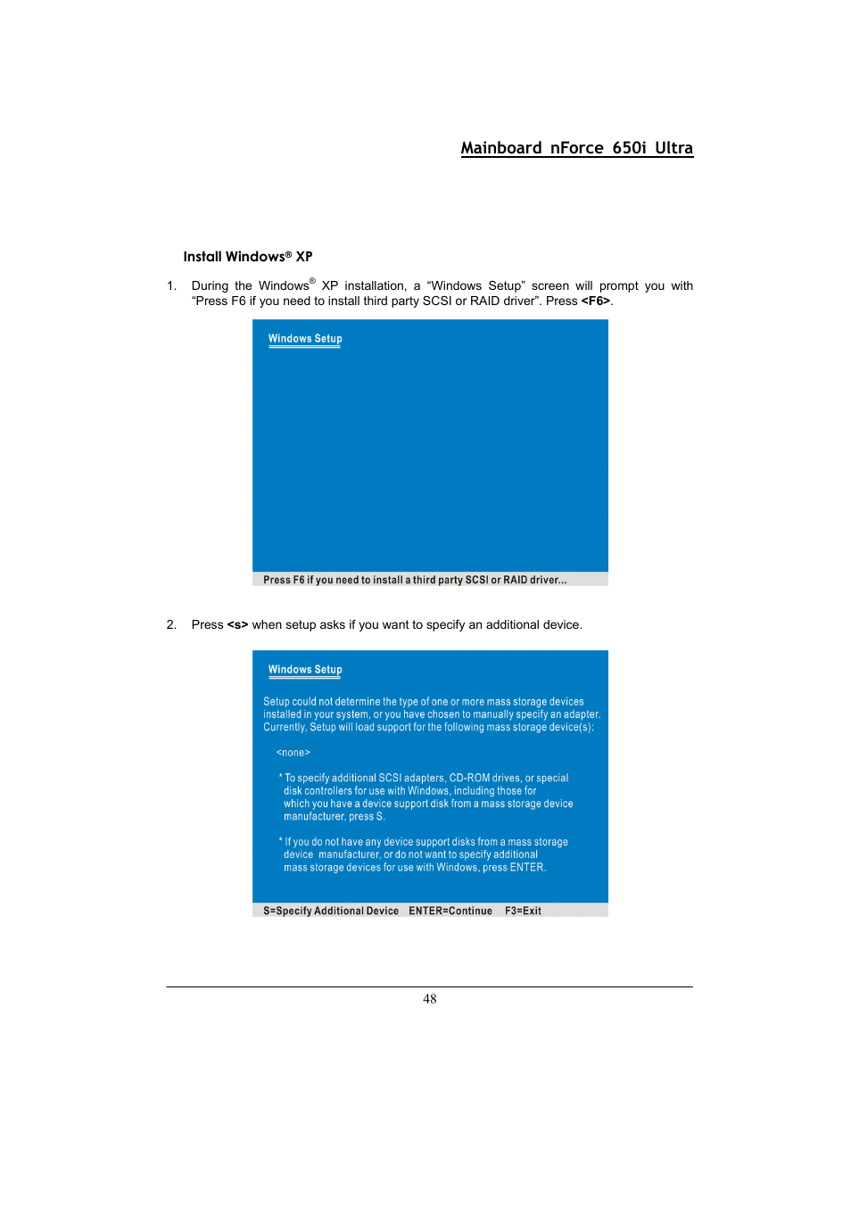 Mainboard nforce 650i ultra, 48 install windows | Nvidia NFORCE 650I User Manual | Page 52 / 70