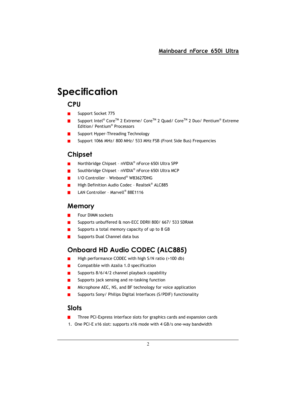 Specification, Chipset, Onboard hd audio codec (alc885) | Slots, Mainboard nforce 650i ultra | Nvidia NFORCE 650I User Manual | Page 6 / 70