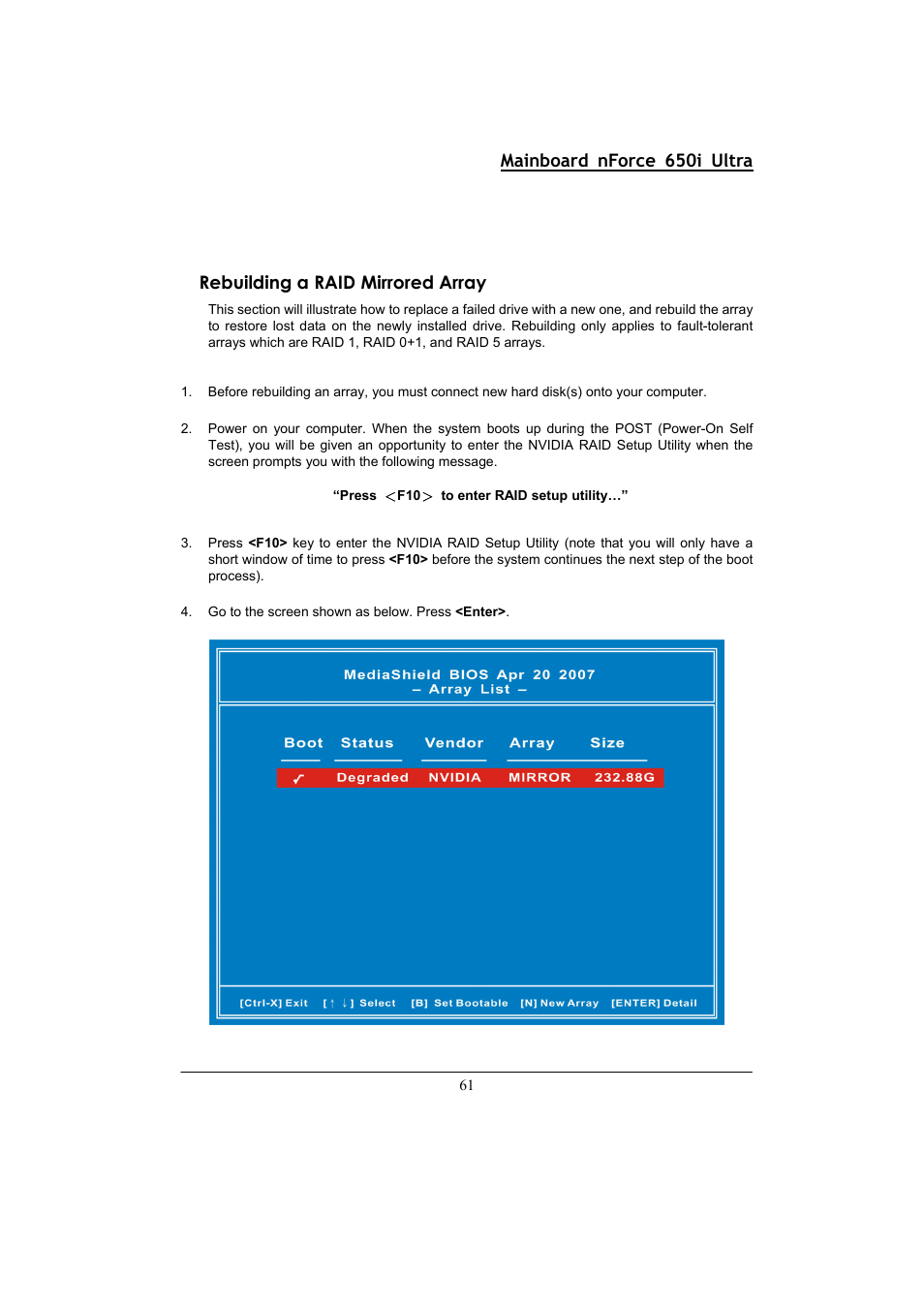 Mainboard nforce 650i ultra, Rebuilding a raid mirrored array | Nvidia NFORCE 650I User Manual | Page 65 / 70